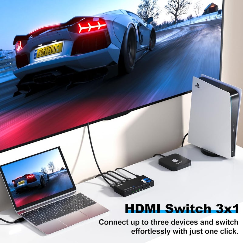 JCHICI مفتاح HDMI 3 في 1 خارج 4K@60Hz، محول HDMI 3 منافذ مع جهاز تحكم عن بعد، يدعم HDCP 2.2 HDR 10+ Dolby Vision/Atmos 18Gbps CEC لتلفاز آبل، ألعاب الكمبيوتر، PS4 5 برو، إكس بوكس، روكو - Image 2
